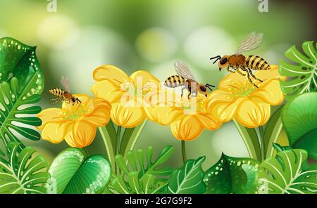 Verblenkte Natur Hintergrund mit vielen Bienen Illustration Stock Vektor