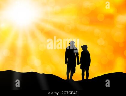 Heiße Sommersonne über Paar, das die Hände auf den Hügel hält. Sengenden Sommertag in Hitzewelle Stock Vektor