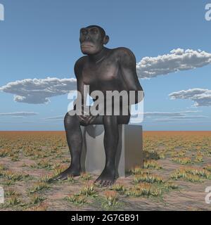 Homo habilis sitzen in einer Landschaft Stockfoto