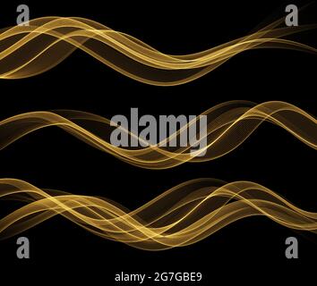 Abstrakte Goldwellen. Glänzendes goldenes, bewegliches Liniendesign auf dunklem Hintergrund für Grußkarte und Gutschein. Stock Vektor