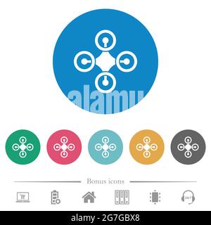 Drone Draufsicht einfarbige flache weiße Symbole auf runden farbigen Hintergründen. 6 Bonus-Symbole enthalten. Stock Vektor