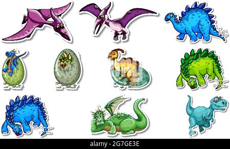 Aufkleber mit verschiedenen Arten von Dinosauriern Cartoon-Figuren Illustration gesetzt Stock Vektor