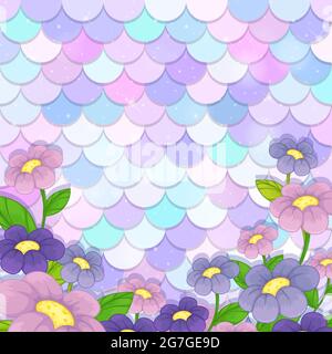 Pastell Meerjungfrau Skala Muster mit vielen Blumen Illustration Stock Vektor