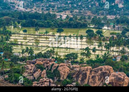 Rocky Mountain mit Reisfeld Aufnahme ist auf Anjeyanadri Hill hampi karnataka india. Der Blick von hier ist ruhig und atemberaubend. Stockfoto