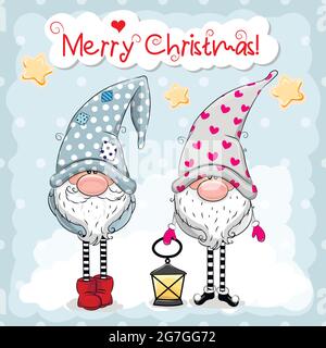 Grußkarte mit zwei niedlichen Gnomen auf blauem Hintergrund. Vektorgrafik Stock Vektor