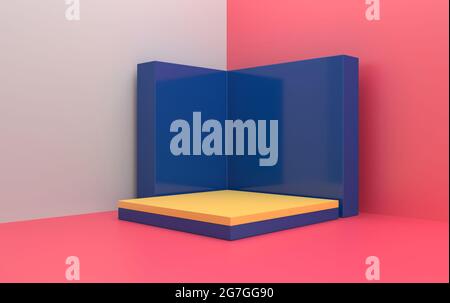 Abstrakte geometrische Form Gruppe Set, rosa Studio-Hintergrund, Rechteck gelben Sockel mit blauer Wand, 3d-Rendering, Szene mit geometrischen Formen, Fash Stockfoto