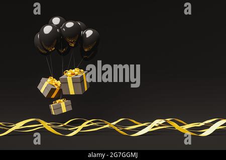 Dunkle Geschenkschachteln mit goldenen Bändern, die in der Luft schweben, mit schwarzen Luftballons und welligen Bändern auf dem Boden. Platz kopieren. 3d-Rendering Stockfoto