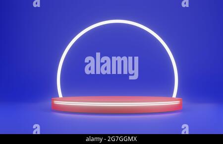 Blue Abstract Geometrie Form Hintergrund. Red Podium und weißen Glow Bar Mockup-Szene für Kosmetik oder ein anderes Produkt, 3D-Rendering Stockfoto