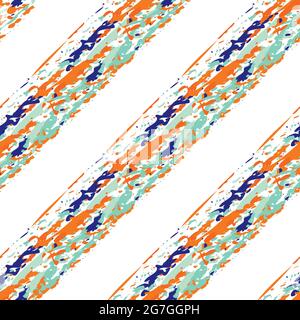 Moderne Farbe Kreide diagonalen Streifen Vektor nahtlose Muster Hintergrund. Malerisch Pinselstrich Stil schräg Indigo, orange, blaue Bänder auf weiß Stock Vektor