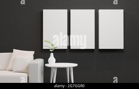 Machen Sie den Rahmen in der gemütlichen Inneneinrichtung Hintergrund, Stil schwarz-weiß Wohnzimmer, 3D-Rendering Stockfoto