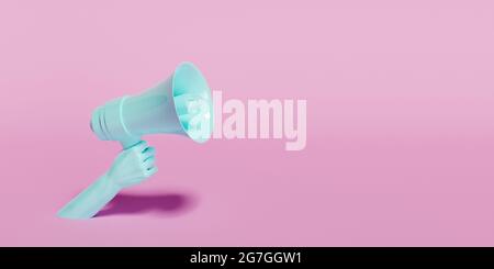 Hand mit einem blauen Megaphon auf einem rosa Hintergrund und Platz für Text. 3d-Rendering Stockfoto