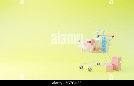 3d-Rendering, Papierkarton mit Tascheneinkauf in einem Trolley auf gelbem Hintergrund. Online-Shopping Verbraucher können von zu Hause aus einkaufen und Zustelldienste. Stockfoto