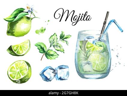 Mojito Set mit Glas, Eiswürfeln, Limette und Minze. Aquarell handgezeichnete Illustration Stockfoto