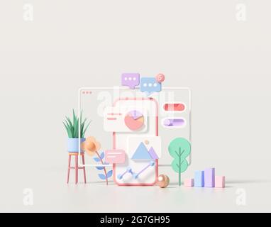 3D minimale mobile App-Entwicklung und mobiles Web-Design-Konzept, Optimierung der Benutzeroberfläche. 3D-Renderdarstellung Stockfoto