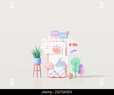 3D minimale mobile App-Entwicklung und mobiles Web-Design-Konzept, Optimierung der Benutzeroberfläche. 3D-Renderdarstellung Stockfoto