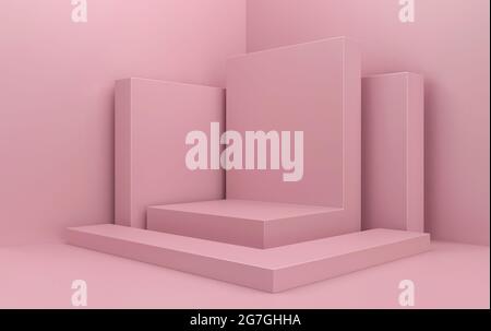 Abstrakte geometrische Form Gruppe Set, rosa Studio-Hintergrund, Rechteck rosa Sockel, 3d-Rendering, Szene mit geometrischen Formen, Mode minimalistisch Stockfoto