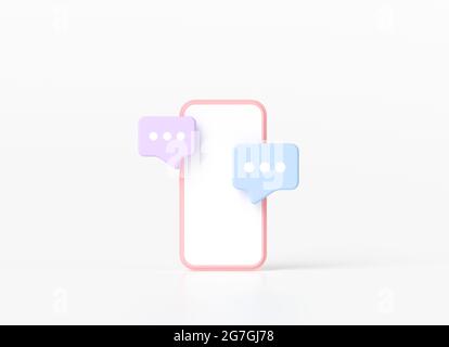 3D-Rendern von Smartphones mit schwebenden Chat-Blasen, Social-Media-Chat-App im Trend. Stockfoto