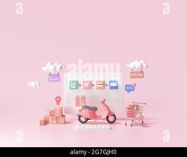 3D Fast Delivery Service, Verpackung liefern von Roller Konzept, Online-Shopping für Web-Vorlage. 3D-Renderdarstellung Stockfoto