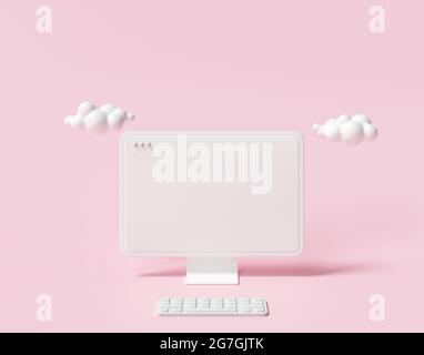3D Minimal Desktop mit leerem Bildschirm-Modell, leerem Bildschirm für Text und Logo-Ersatz-Konzept. 3d-Renderdarstellung. Stockfoto