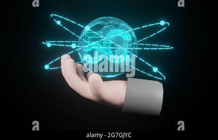 3d-Rendering. Cartoon Hand hält das Hologramm präsentieren Welt 5G Karte auf schwarzem Hintergrund. Das Konzept des Kommunikationsnetzes
