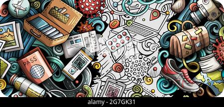 Handgezeichnetes Doodle-Banner auf Reisen. Cartoon Vektor detaillierter Flyer. Illustration mit Pandemic Travel Objects und Symbolen. Farbenfrohe horizontale Hintergrundkulive Stock Vektor