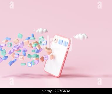 Entwicklungskonzept für mobile 3D-Anwendungen. Schwebende Anwendungen auf dem Telefon, App-Codierung, Design der Benutzeroberfläche. 3D-Renderdarstellung. Stockfoto