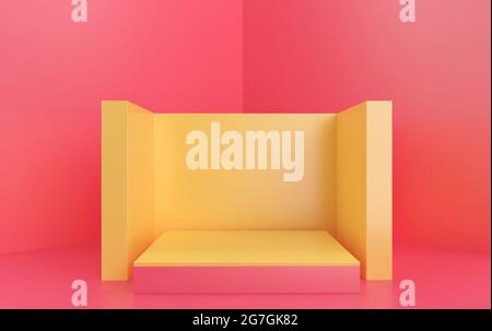 Abstrakte geometrische Form Gruppe Set, rosa Studio-Hintergrund, Rechteck gelben Sockel, 3d-Rendering, Szene mit geometrischen Formen, Mode minimalisti Stockfoto