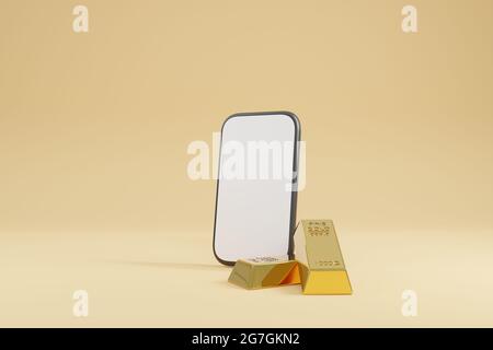 3d-Rendering, Goldbarren mit Smartphone auf dem Hintergrund Stockfoto
