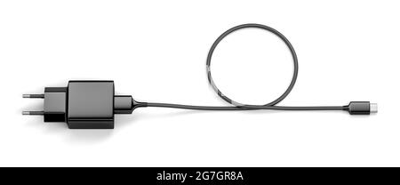 Smartphone-Netzteil mit USB-C-Kabel auf weißem Hintergrund Stockfoto