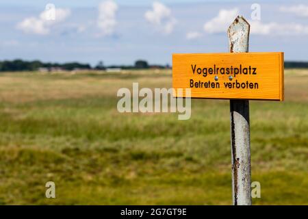 Verbotsschild für ein Vogelschutzgebiet auf Ummanz, Deutschland, Ummanz Stockfoto