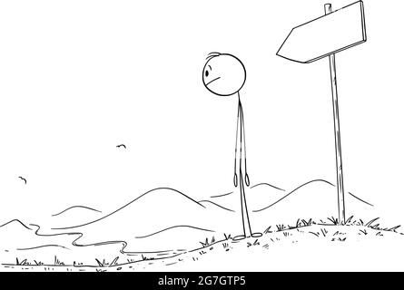 Person, die auf dem Pfad geht, die Straße oder den Weg betrachtet, Vektor-Cartoon-Stick-Abbildung Stock Vektor