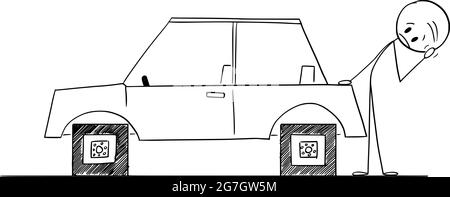 Fahrer Blick auf Auto mit quadratischen Rädern, Problem, Nachteil oder Schwäche der Technologie, Vektor Cartoon Stick Abbildung Stock Vektor