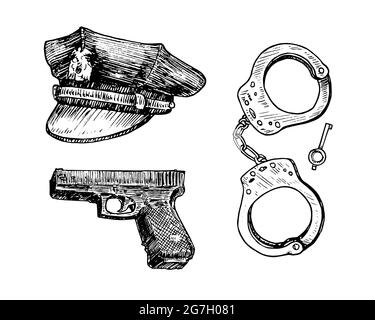 Vintage US American Police Officer 8 Punkt Visierhut, Glock 22, Handschellen und Schlüssel, Tiefdruck-Stil Tinte Zeichnung Illustration isoliert auf weiß Stockfoto