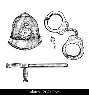 Der Wächter-Helm (britischer Bobby-Polizeihut), Handschellen und Schlüssel, Polizeistab (Knüppel oder Nachtknüppel), Tiefdruck-Tuschezeichnung ist die Illustration Stockfoto