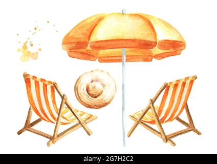 Sonnenliegen, Sonnenhut und Sonnenschirm-Set, Sommerurlaubskonzept. Handgezeichnete Aquarelldarstellung isoliert auf weißem Hintergrund Stockfoto