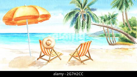 Seascape.Tropischer Strand mit Meer, weißem Sand, Palmen, Sonnenliegen und einem Sonnenschirm, Sommerurlaubskonzept, handgezeichnetes Aquarell horizontal illu Stockfoto