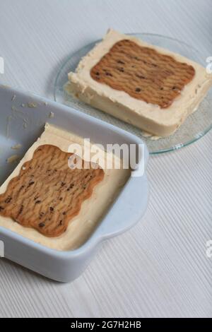 Hausgemachtes Eis. Kekse und Creme. Liegt in einem Behälter und auf einer Untertasse. Nahaufnahme. Stockfoto