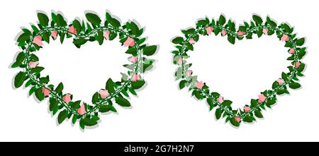 Grüne Liane blüht mit rosa Blumen in Form von Herzen für die Dekoration von Valentinstag Rahmen, Einladungskarten. Isolierter Vektor auf weißem Hintergrund Stock Vektor