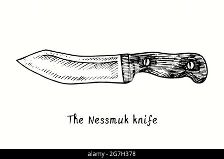 Der Messertyp Nessmuk. Tusche schwarz-weiß Zeichnung Umriss Illustration Stockfoto