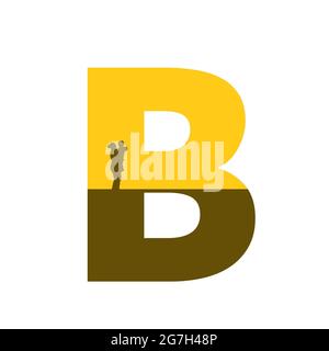 Buchstabe b des Alphabets mit einer Silhouette der Mutter mit Kind auf dem Arm, in der Farbe ocker und braun, isoliert auf weißem Hintergrund Stockfoto