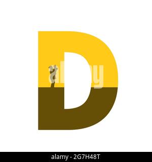 Buchstabe D des Alphabets mit einer Silhouette der Mutter mit Kind auf dem Arm, in der Farbe ocker und braun, isoliert auf weißem Hintergrund Stockfoto