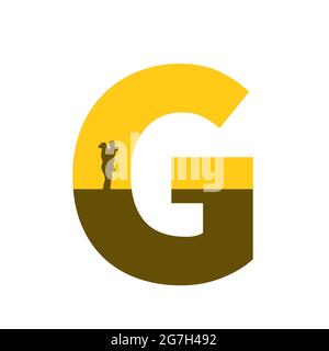 Buchstabe G des Alphabets mit einer Silhouette der Mutter mit Kind auf dem Arm, in der Farbe ocker und braun, isoliert auf weißem Hintergrund Stockfoto