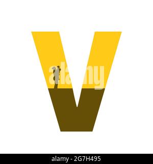 Buchstabe V des Alphabets mit einer Silhouette der Mutter mit Kind auf dem Arm, in der Farbe ocker und braun, isoliert auf weißem Hintergrund Stockfoto
