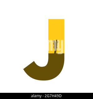 Buchstabe J des Alphabets mit einer Silhouette der Mutter mit Kind auf dem Arm, in der Farbe ocker und braun, isoliert auf weißem Hintergrund Stockfoto