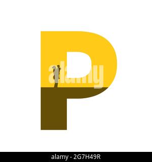 Buchstabe P des Alphabets mit einer Silhouette der Mutter mit Kind auf dem Arm, in der Farbe ocker und braun, isoliert auf weißem Hintergrund Stockfoto