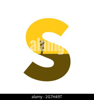 Buchstabe S des Alphabets mit einer Silhouette der Mutter mit Kind auf dem Arm, in der Farbe ocker und braun, isoliert auf weißem Hintergrund Stockfoto