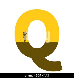 Buchstabe q des Alphabets mit einer Silhouette der Mutter mit Kind auf dem Arm, in der Farbe ocker und braun, isoliert auf weißem Hintergrund Stockfoto