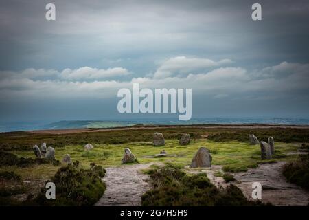 Die zwölf Apostel Bronzezeit Steinkreis auf Rombalds Moor in der Nähe von Ilkley, West Yorkshire, Großbritannien Stockfoto