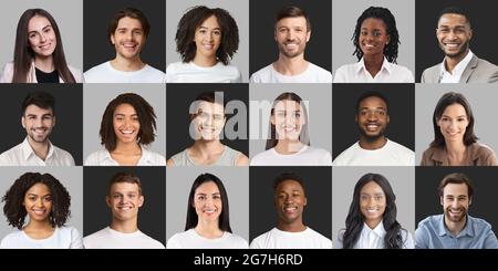 Set von Fotos von fröhlichen multirassischen Mitarbeitern Männer und Frauen posieren über grauen Hintergründen, Panorama-Collage. Männliche und weibliche Avatare, glückliche Menschen V Stockfoto