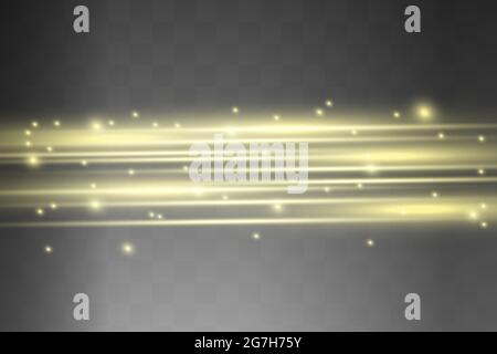 Gelbe horizontale Fackeln Packung. Laserstrahlen, horizontale Lichtstrahlen.schöne Lichtfackeln. Stock Vektor